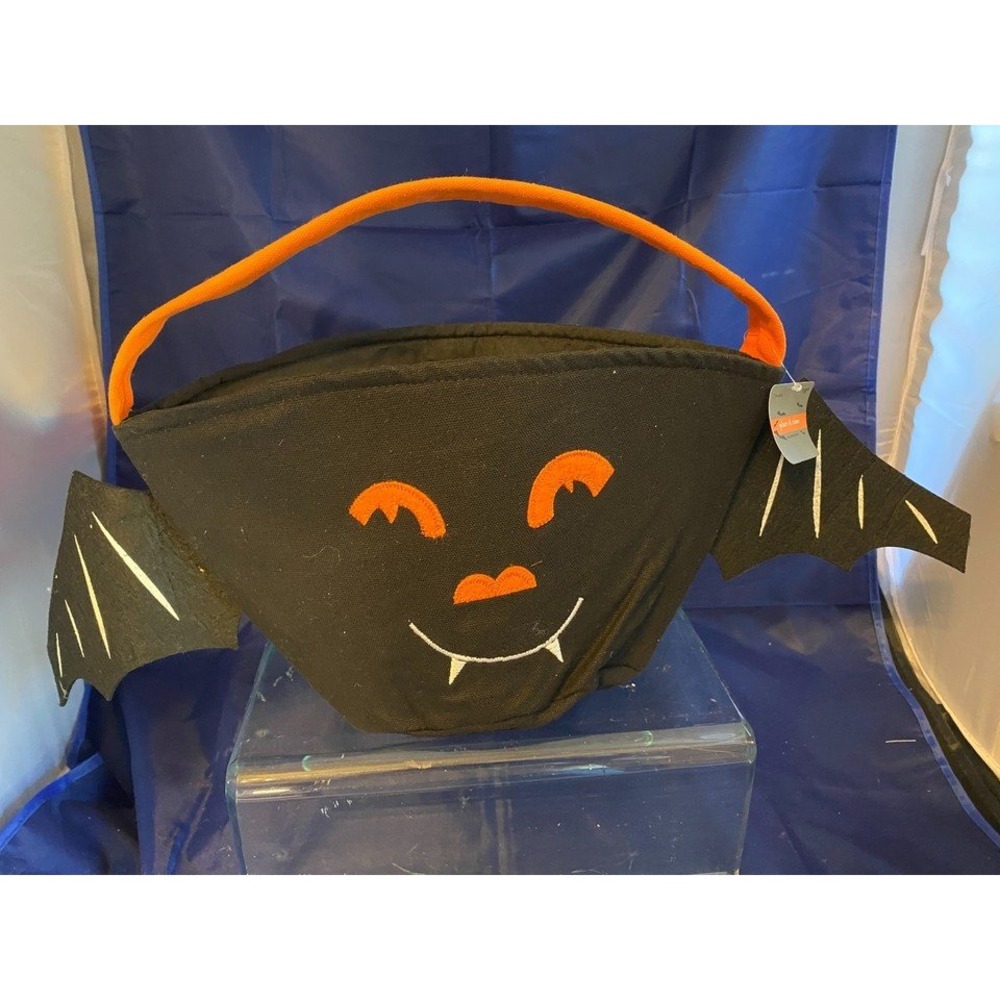 Place & Time Halloween Bat Treat Bag Black Orange Canvas Candy Bucket NWT